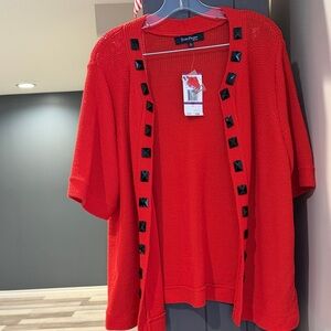 Evan Picone Red  Open Cardigan with Black Accents